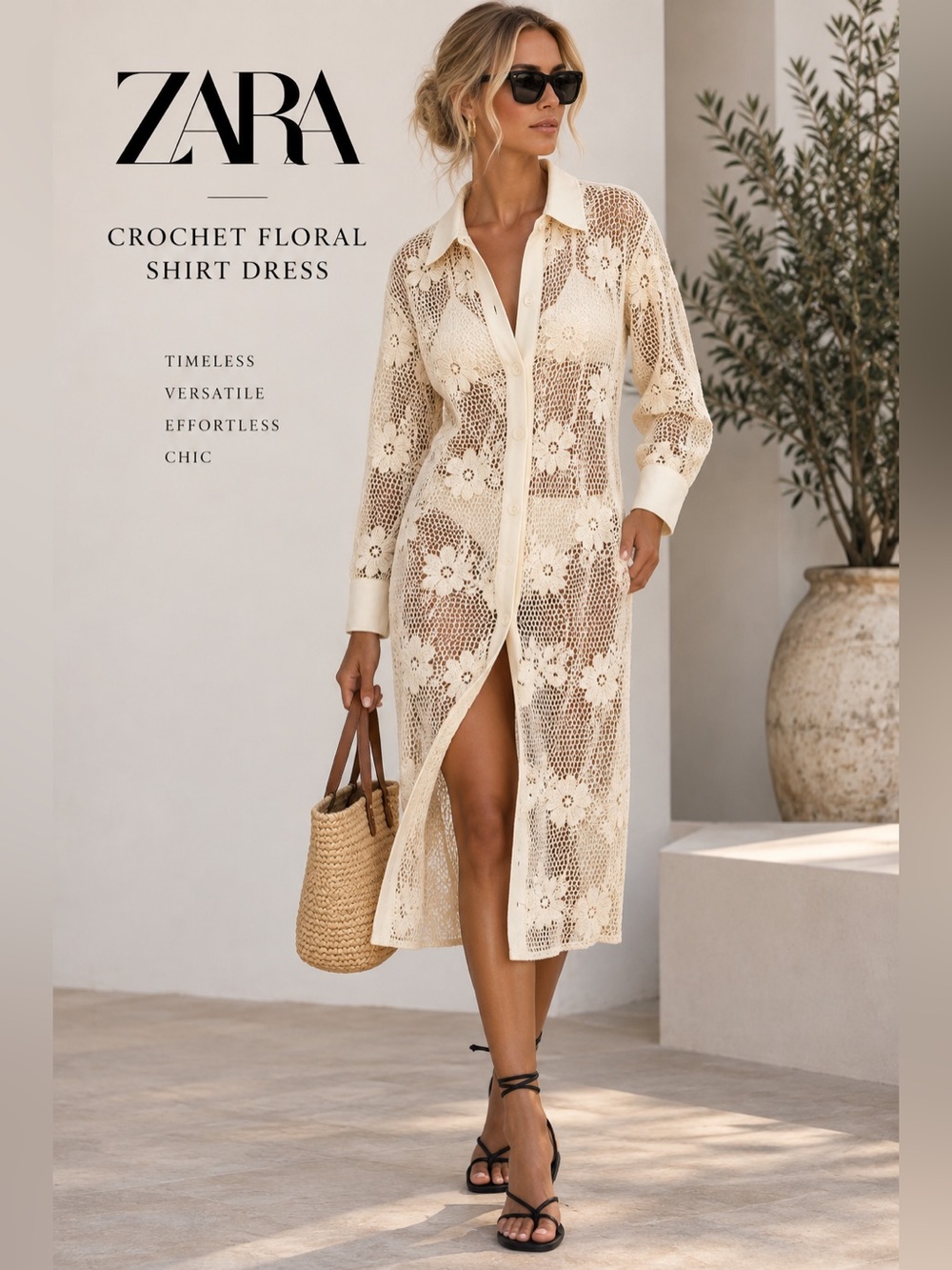 Zara Crochet Floral Shirt Dress – NWT – Size L